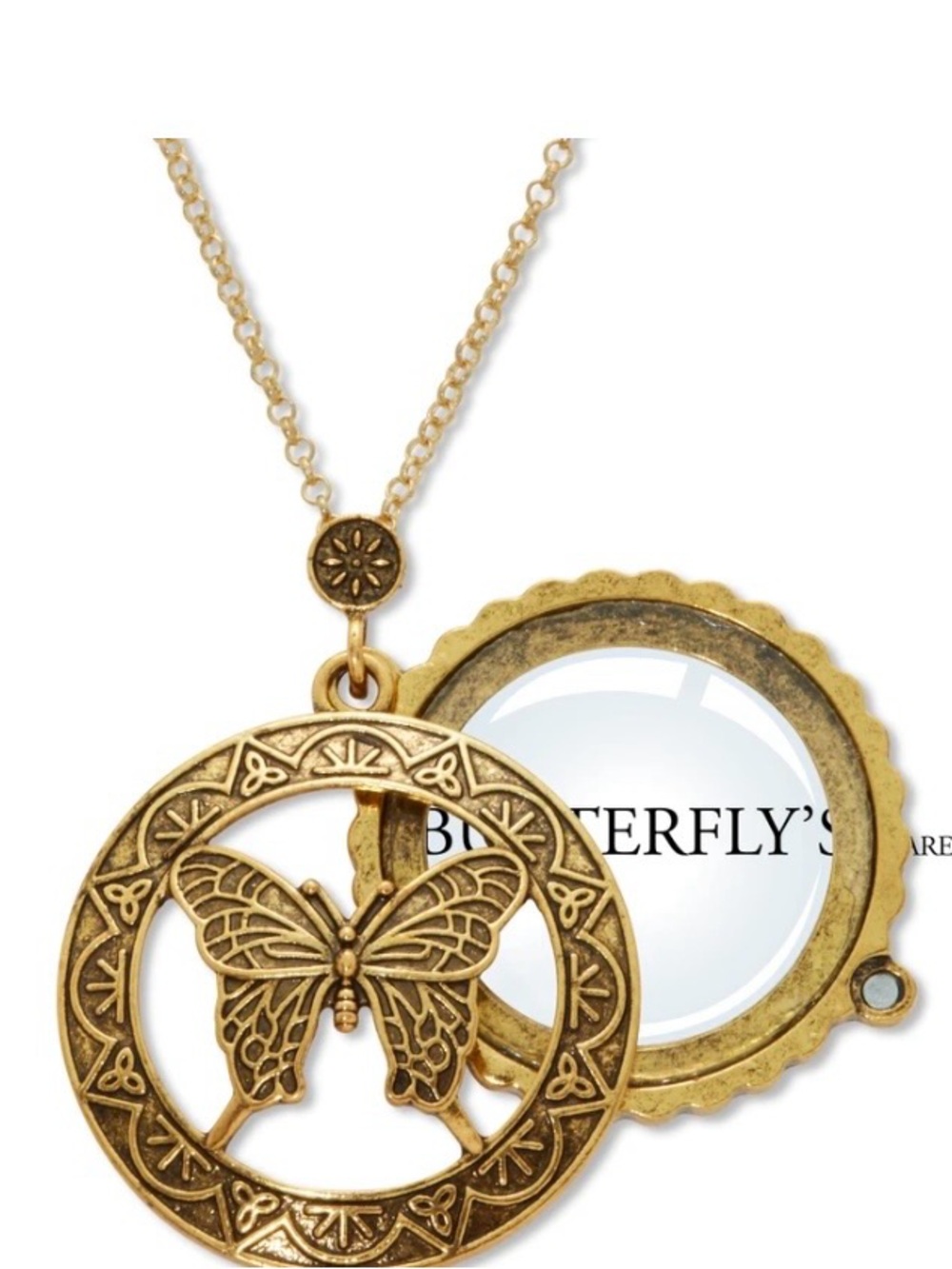 Vintage Look Butterfly Necklace 36”with 5X Magnifying Mirror in Goldtone. NWOT.
